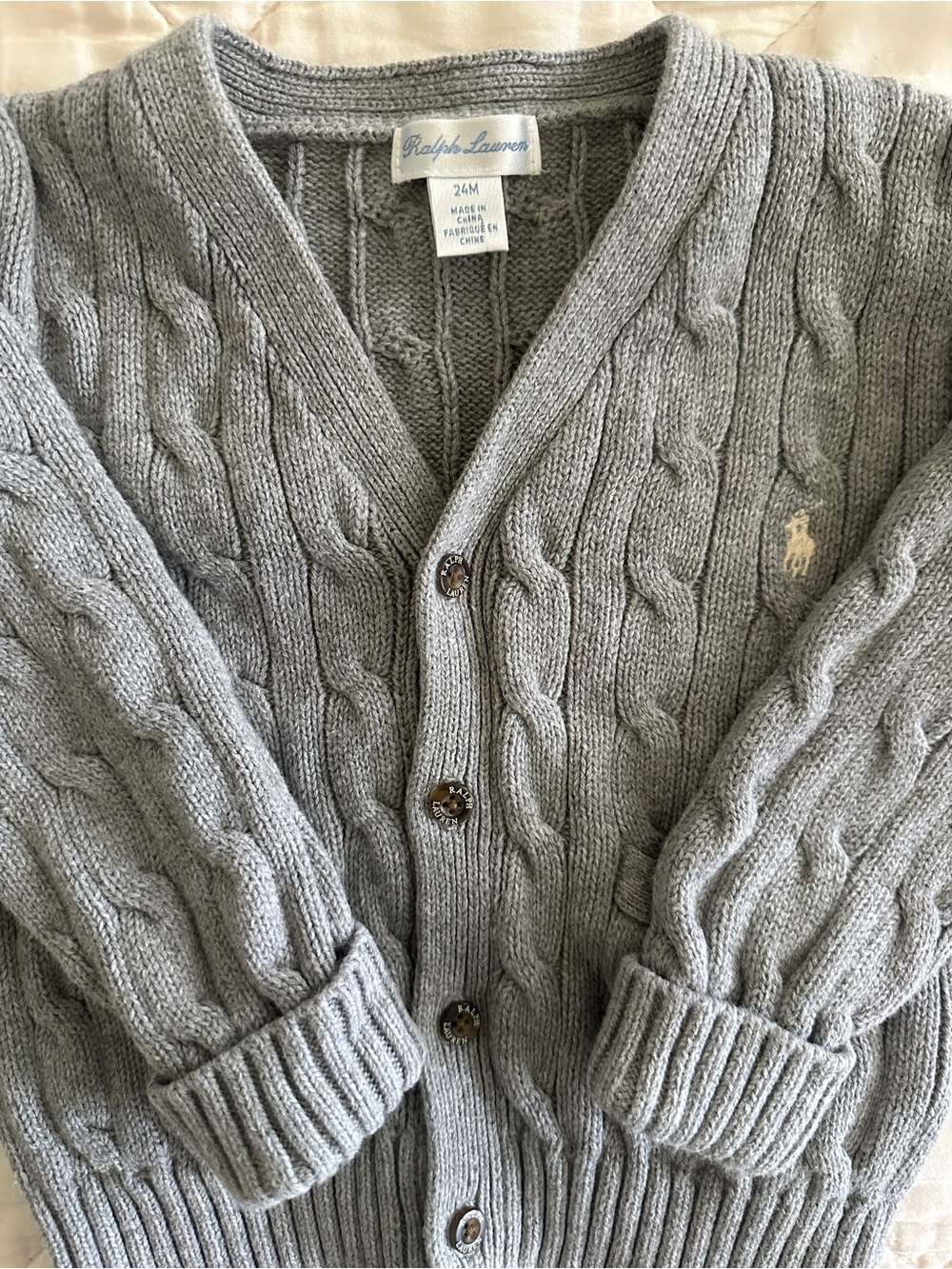 Ralph Lauren Light Gray Cable-Knit V-Neck Cardigan 24mo